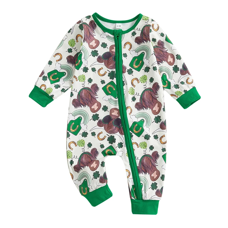 Toddler Baby Irish Day Romper Western Clover Cow Print Long Sleeve Jumpsuit for Newborn Girl Boy Cute Clothes