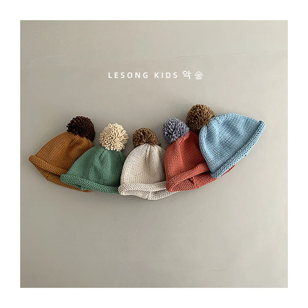 Cute Pom Baby Knit Hat Autumn Winter Children\'s Knitted Hat Colorful Fur Ball Soft Baby Bonnet Cap Kid Ear Protection Woolen Hat