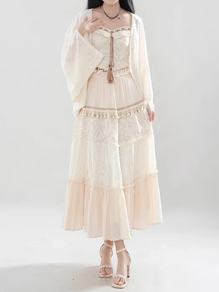 

Комплект женской одежды Heavyweight Spring 2025: модный жилет, топ, юбка, футболка, три предмета, этнический стиль, длинный рукав, круглый вырез