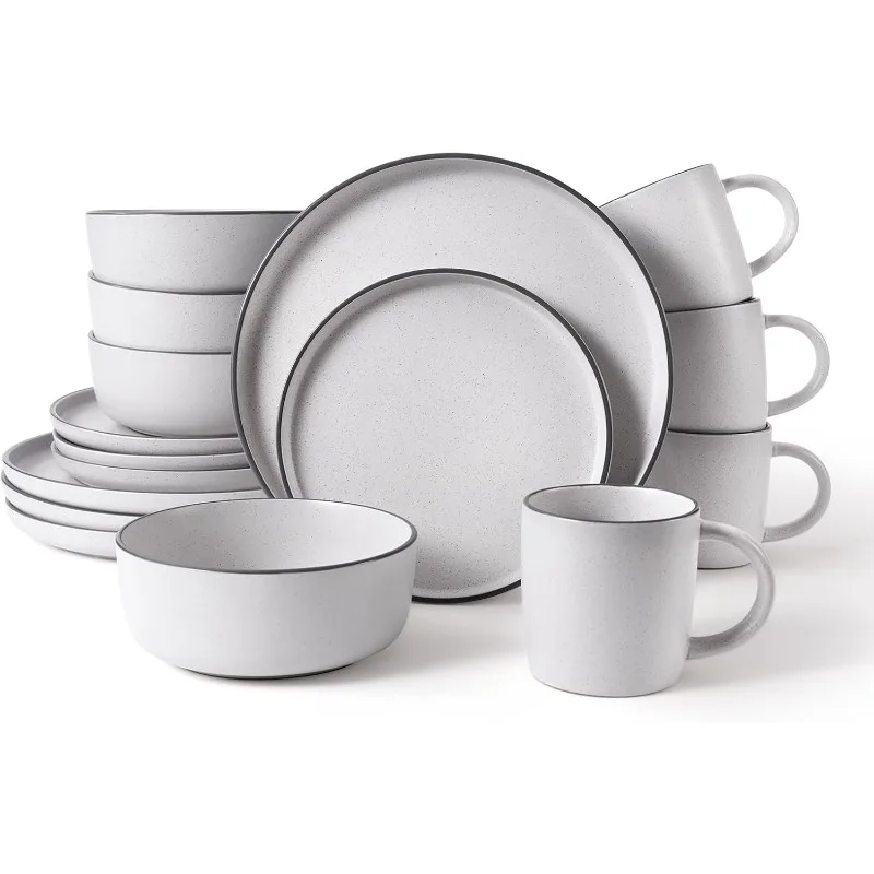 Dish Set for 4, Kitchen Plates and Bowls Set with Mugs, Microwave, Oven & Dishwasher Safe, White Sesame 16 Pieces