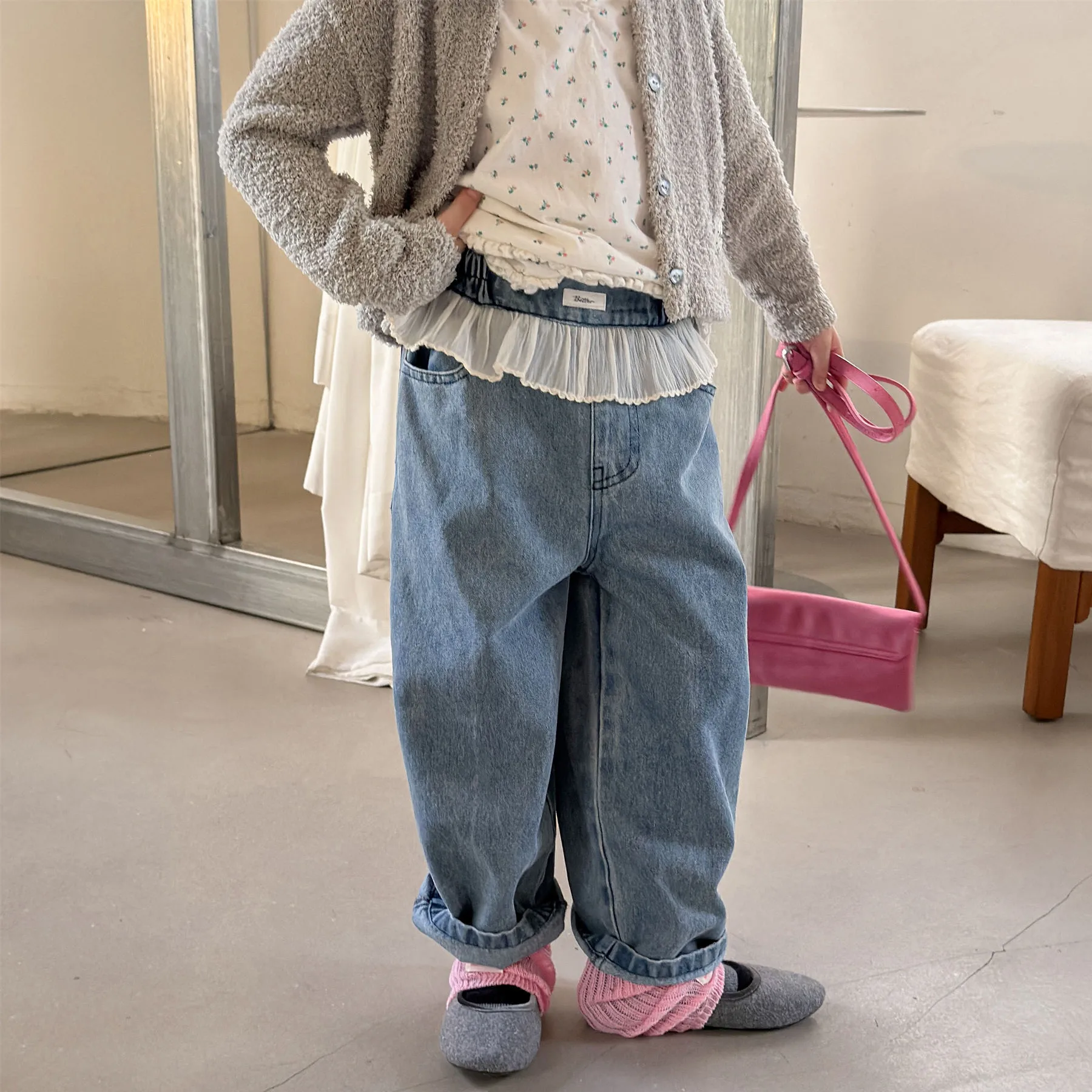 2026 New Autumn Baby Girls Lace Ruffles Jeans Solid Color Children Trousers Toddlers Kids Casual Denim Haren Pants