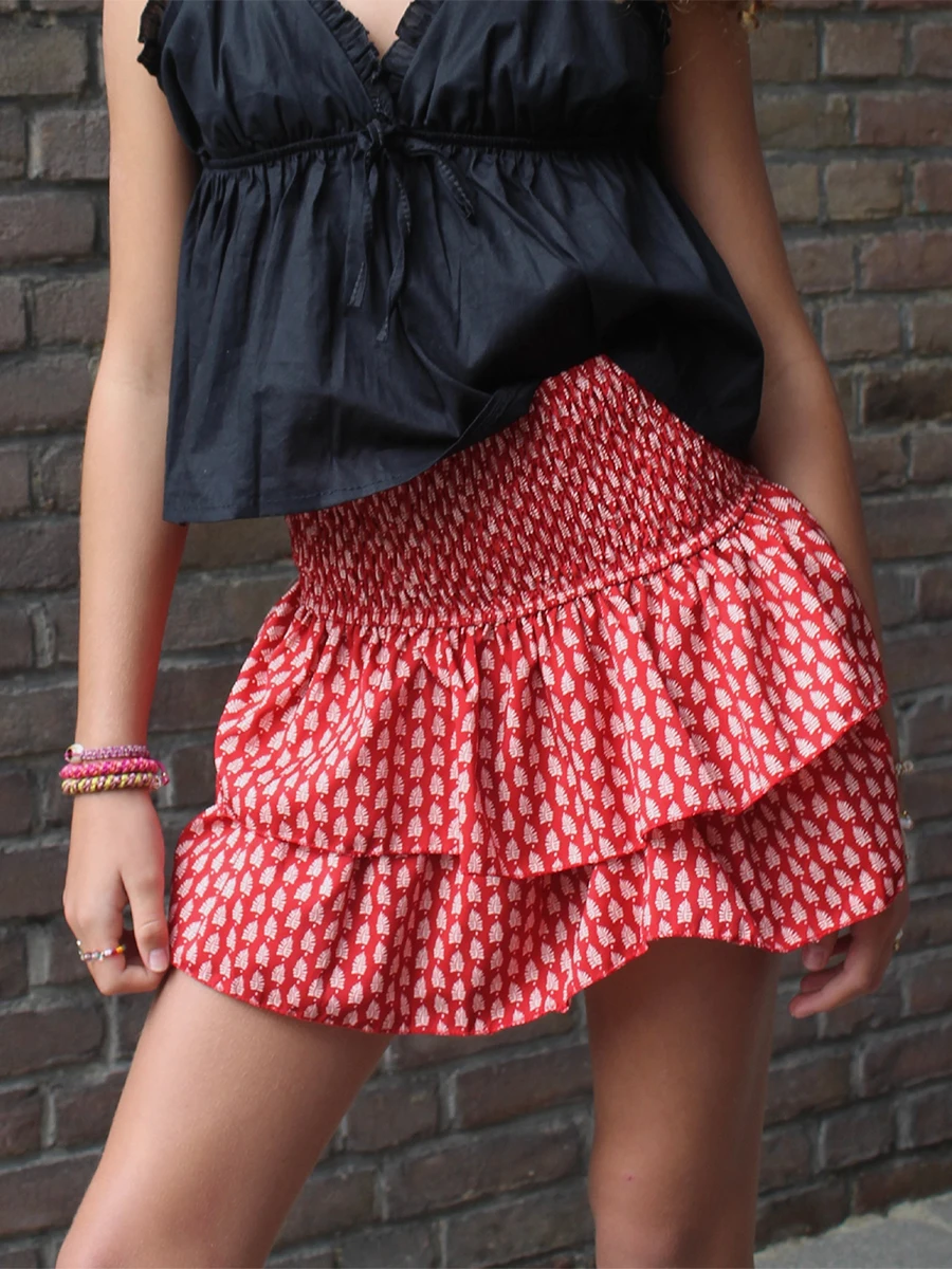 Women Mini Skirt Elegant High Waist Pleated Printed Ruffled Layered Skirt Summer A-line Skirt Streetwear