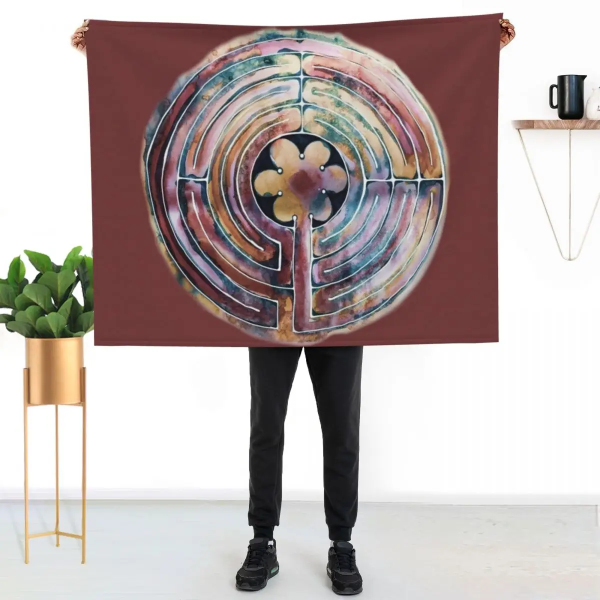 

Hand Painted Watercolor Labyrinth Throw Blanket Warm Flannel Blanket for Couch Chair Bedroom