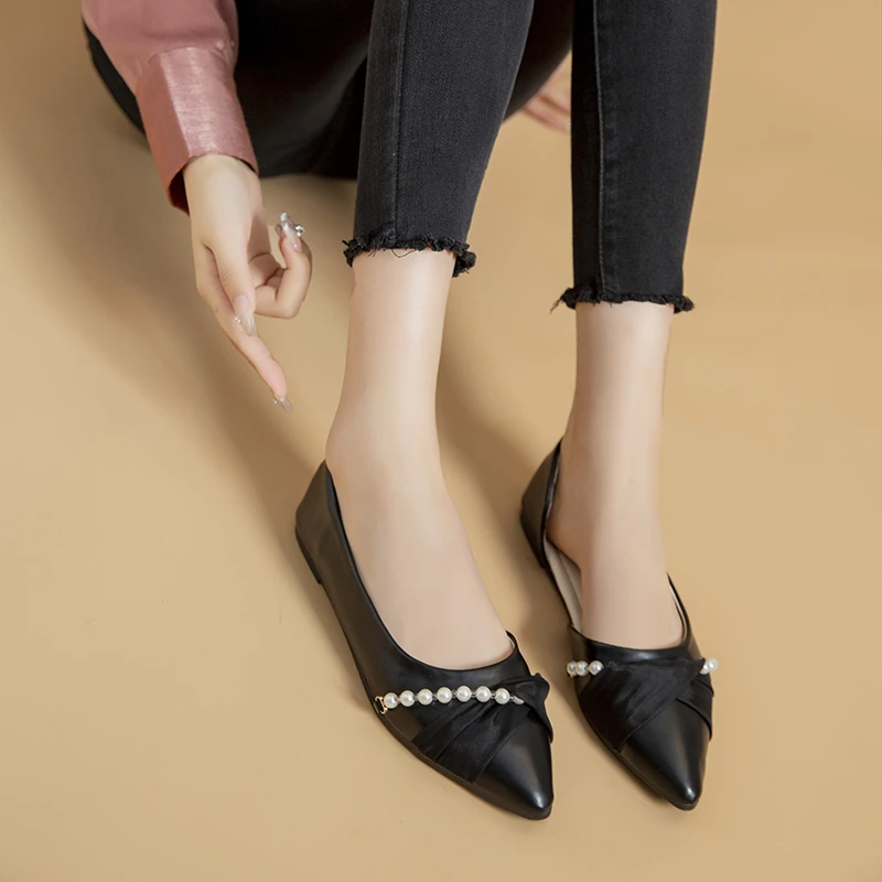 Frühling Herbst Damen Perlen-Schleifen-Dekor Spitze Zehe Seitlich Geschnittene Kunstleder Flache Schuhe Rutschfeste Lässige Bequeme Alltagsschuhe