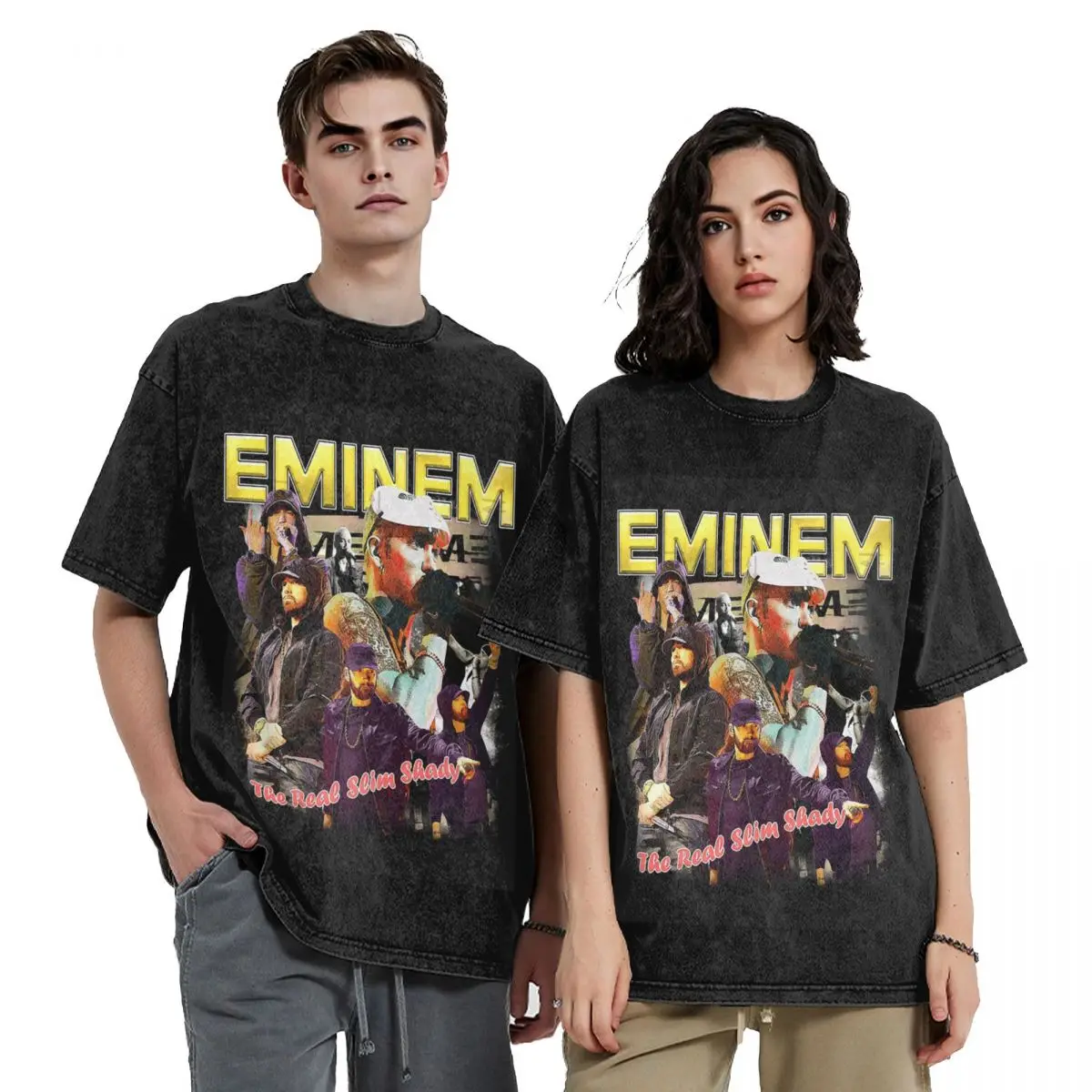 

Eminem Slim Shady Music Rap Hip Hop Short Sleeve T-Shirts Washed Tops Tees Streetwear T Shirt Cotton for Men Women