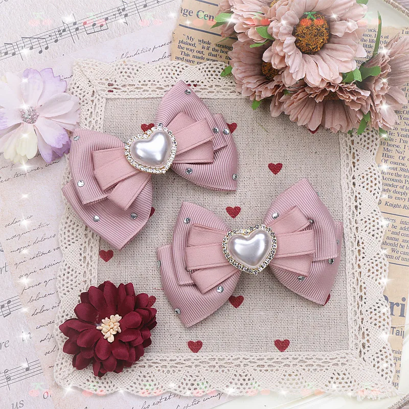 القوس النسائي للشعر الوردي Lolits لينة الإناث الراين اللؤلؤ مقاطع الشعر Jirai Kei دبوس الشعر المؤنث إكسسوارات الشعر