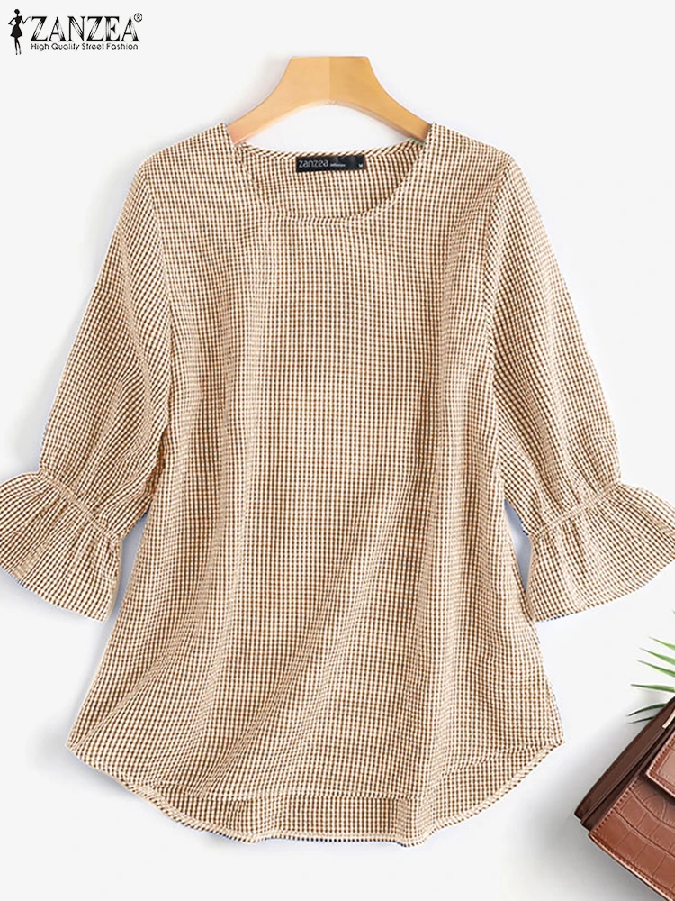 

ZANZEA 2025 Summer Checked Blouse Women Elegant 3/4 Sleeve Work Shirt Casual Holiday Tunic Tops O Neck Loose Blusas Oversize