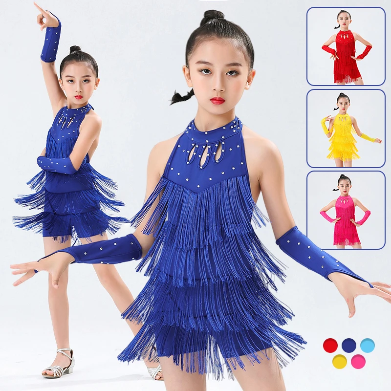 

Children Sequin Fringe Latin Dance Dress Ballroom Tango Salsa Dress Girls Competition Stage Professional Latin Dance Costume