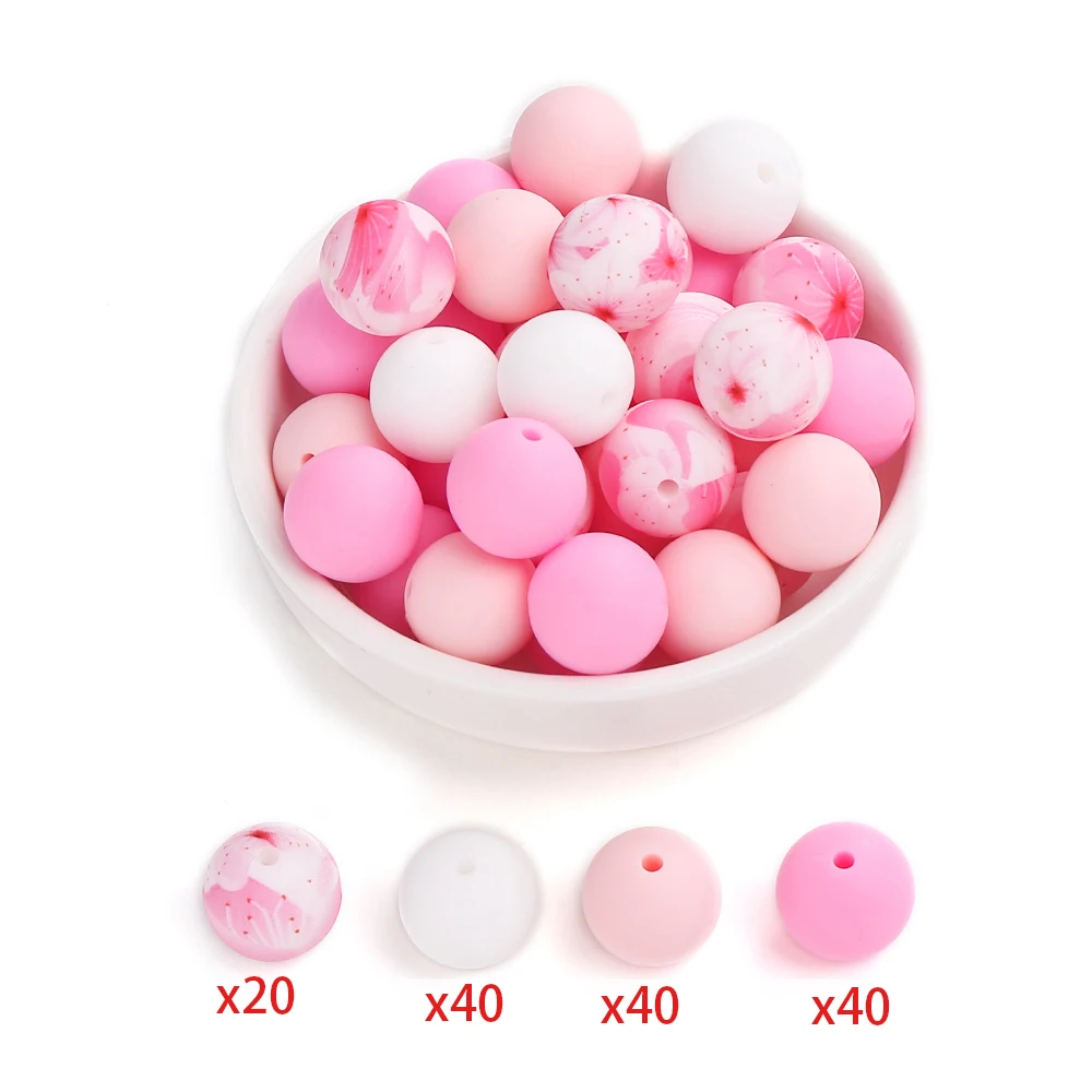 

140 шт. 15 мм силиконовый прорезыватель для зубов, круглая бусина, розовый цветочный принт, фокусная бусина для DIY, ювелирные изделия без BPA, детский прорезыватель, игрушка, цепочка для соски