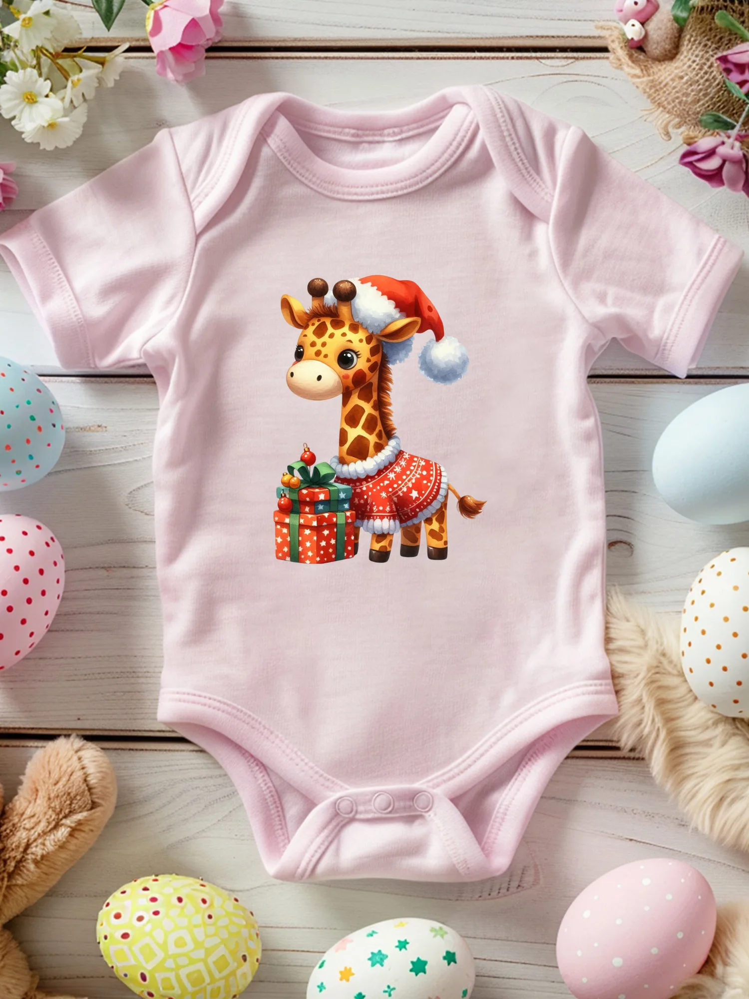 

Рождественский комбинезон-боди с жирафом и подарками, унисекс, для малышей, 100% хлопок, мягкий, всесезонный, розовый, 190 г/м²