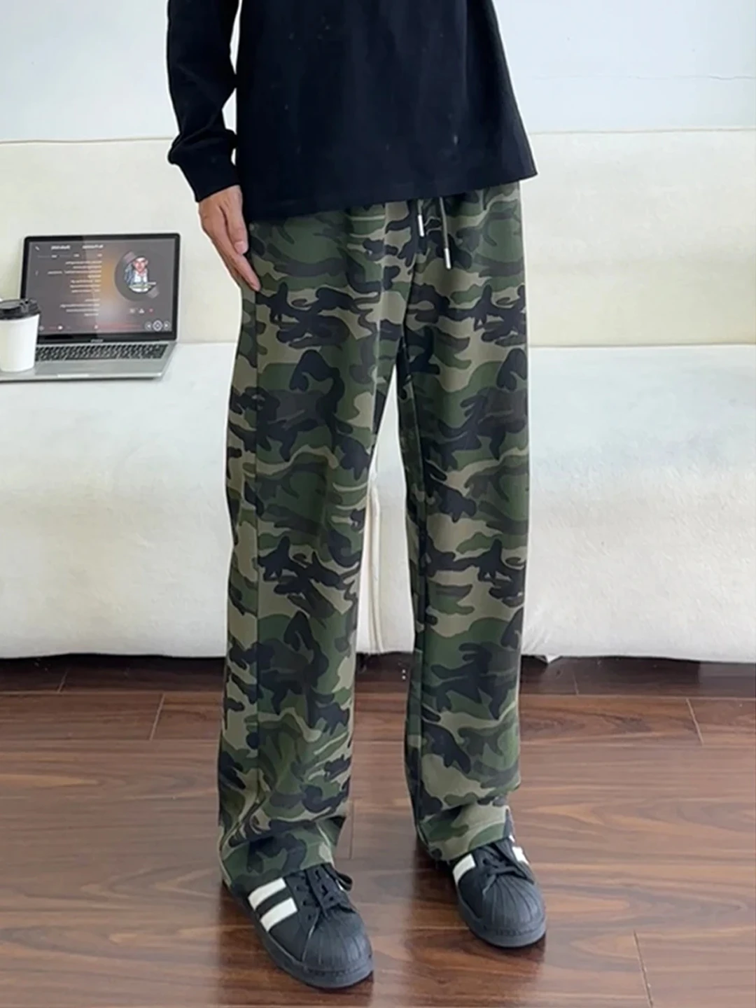 

American Retro Camouflage Wide Leg Men's Sweatpants Cleanfit Heavyweight Flared Sport Straight Leg Pants Autumn Spring