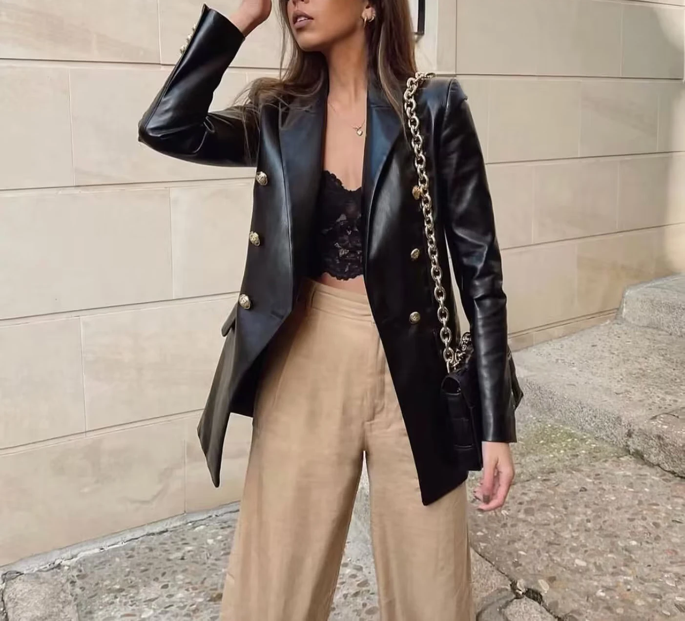 Lente Nieuwe Double-Breasted Losse Casual PU Lederen Pak Jaet Ele Leisure G-Neutraal Sle Lange Sve Busin pak