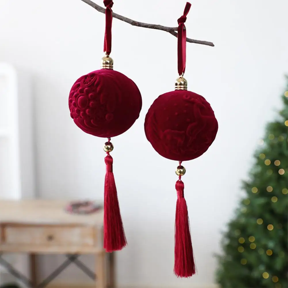 Burgundy Flocked Christmas Ball Ornaments, Retro Velvet Texture Decorative Hanging Pendants for Holiday Tree Decor