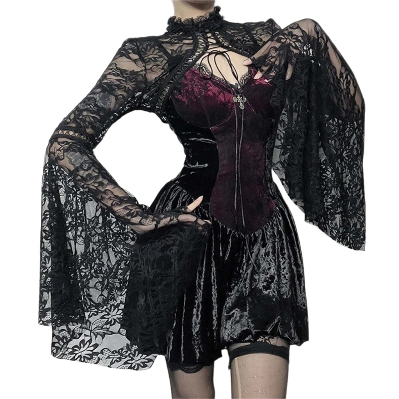 95AB Estetyczny gotycki krótki top zasznurowany wzruszając ramionami dla kobiet rozkloszowany, długim rękawem prześwitujący