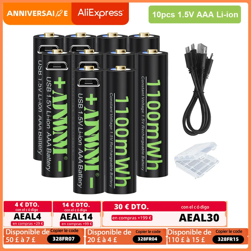 Ajnwnm usb aaa充電式バッテリーaaaリチウムイオン1.5v 1100mWhリチウムaaaプリチャージbateria aaa電池 + usbケーブル