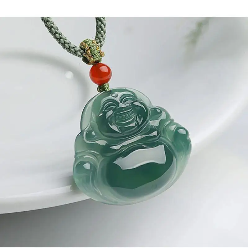 Jadeite Maitreya for Women Laughing Buddha Necklace Green Jade Pendant
