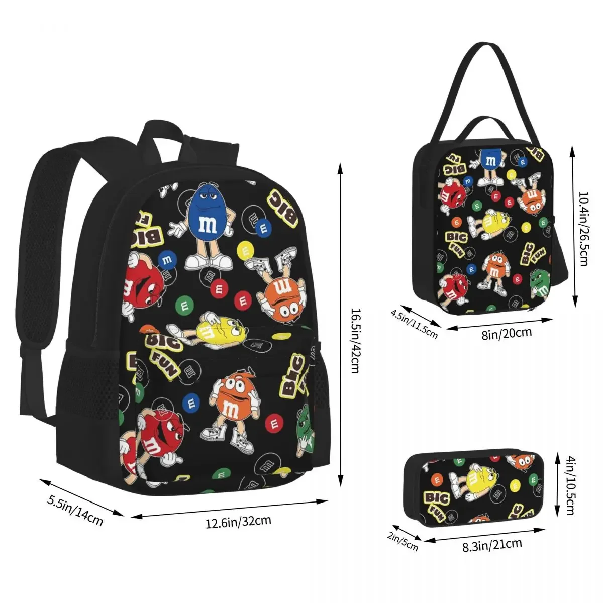 M And M Candy Character Baby Backpacks Boys Girls Bookbag Students School Bags Kids Rucksack Lunch Bag Pen Bag Three-Piece Set