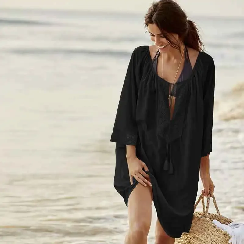 Bluzka plażowa 2024 New Chiffon Lace Patchwork Seaside Holiday Sunscreen Women Wear Clothes Thin Holiday Casual Lady Smock Black