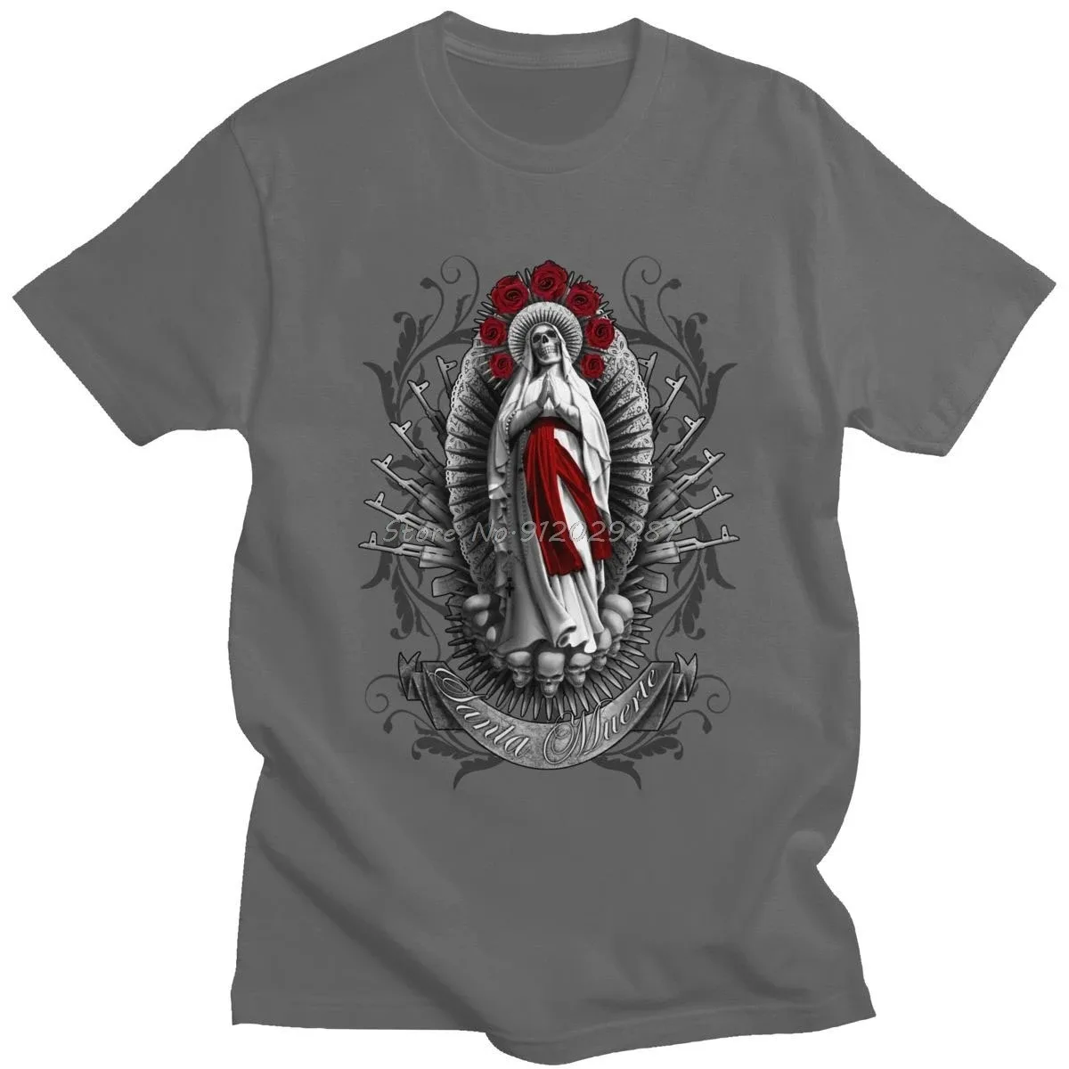 Fashion Men Santa Muerte T Shirt Short Sleeved Cotton Gothic Street Tops Lady of Holy Death T-shirt Mexican Skull Tee Clothing