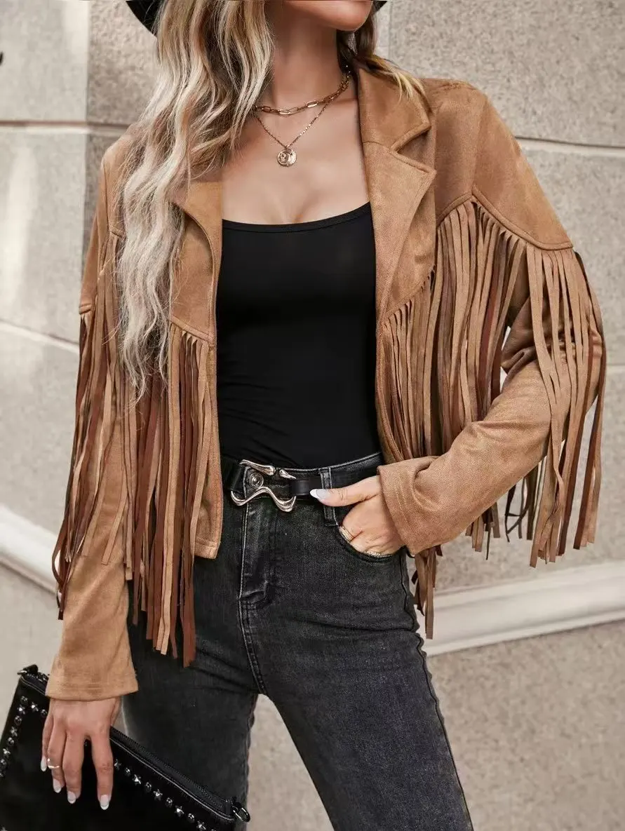 Women's Casual Fringe Cropped Jacket Western Boho Vintage Long Sleeve Zip Up Trendy Autumn Outerwear