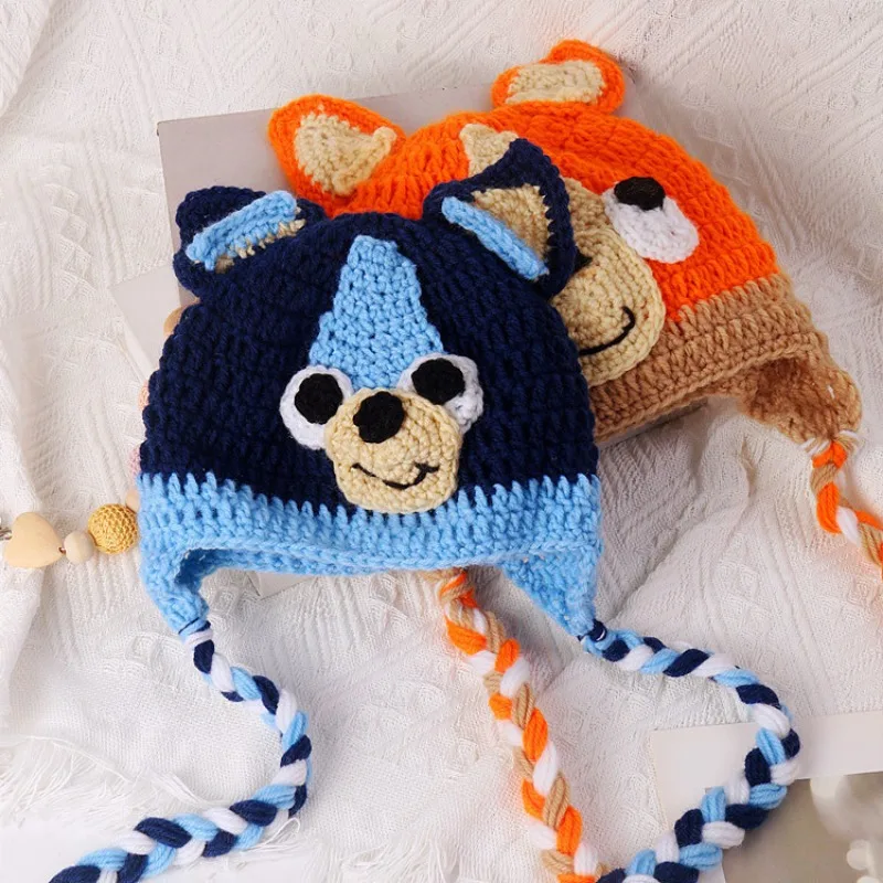 

New Style Creative Cartoon Cute Blueyed Hand Woven Baby Cartoon Animal Hat Boys and Girls Ear Protection Hat Decoration Products