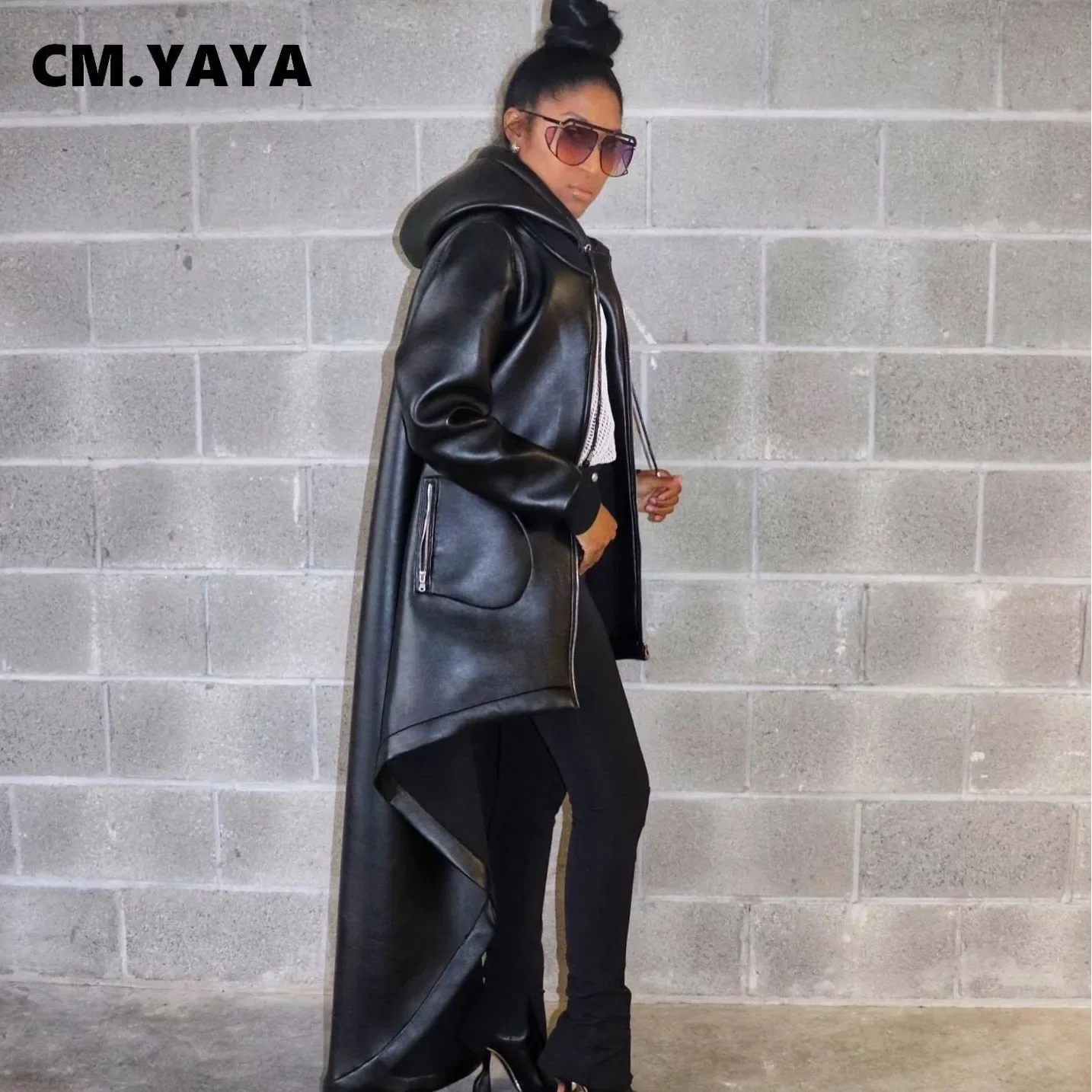 CM.YAYA Women’s Coats Thick PU Long Sleeve 2024 Spring Hooded High-Low Trench Coat Street Wear Pockets Fashion