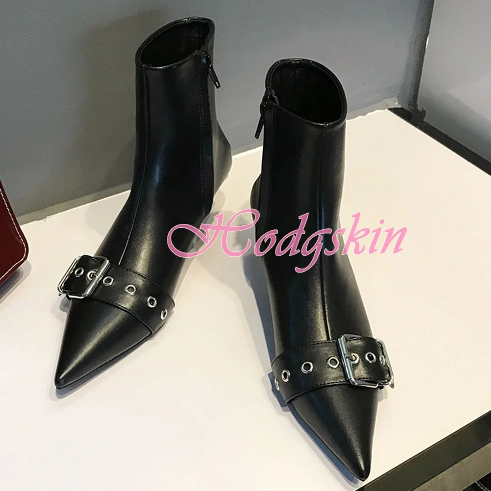 

Belt Buckles Kitten Heels Boots Pointy Toe Solid Side Zipper Women Dress Shoes Leather Med Heels Ankle Boots Spring Party Runway