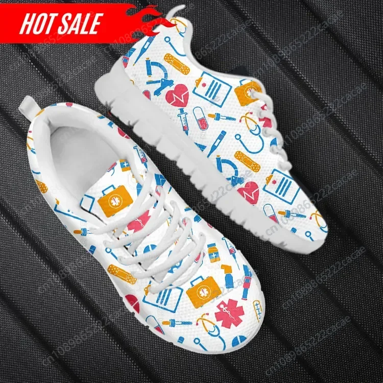 Nurse Flat Shoes Cute Cartoon Medical Pattern Women Nursing Shoes Female Casual Running Sneakers Light Mesh Footwear