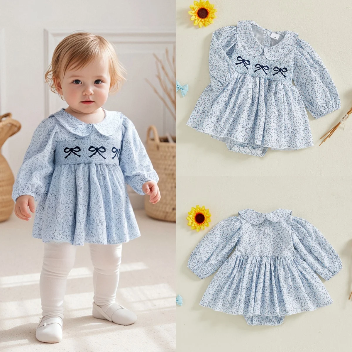 

Baby Girl Clothes Long Sleeve Bow Floral Romper Dress Bubble Bodysuit Newborn Infant 1-Piece Outfits