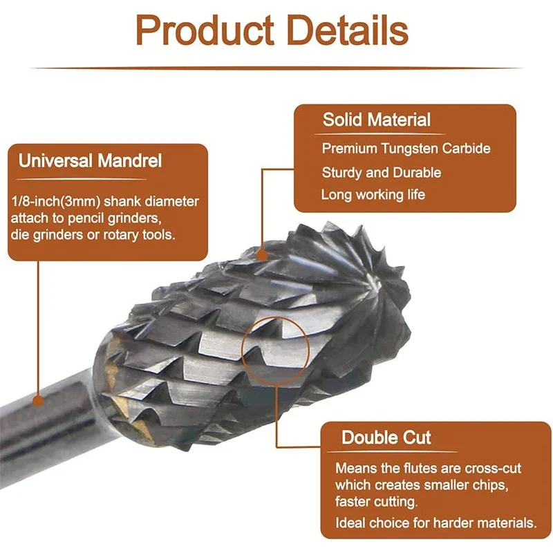 3mm Shank Drawing Tungsten Carbide Milling Cutter Rotary Tool Burr Double Diamond Cut Rotary Dremel Metal Wood Electric Grinding