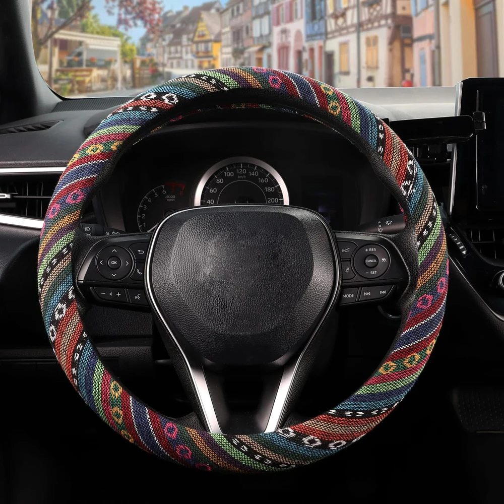 Baja Blanket Cloth Car Steering Wheel Cover Ethnic Style Auto Wheel Cover Made of Coarse Flax and Silicone Inner Ring
