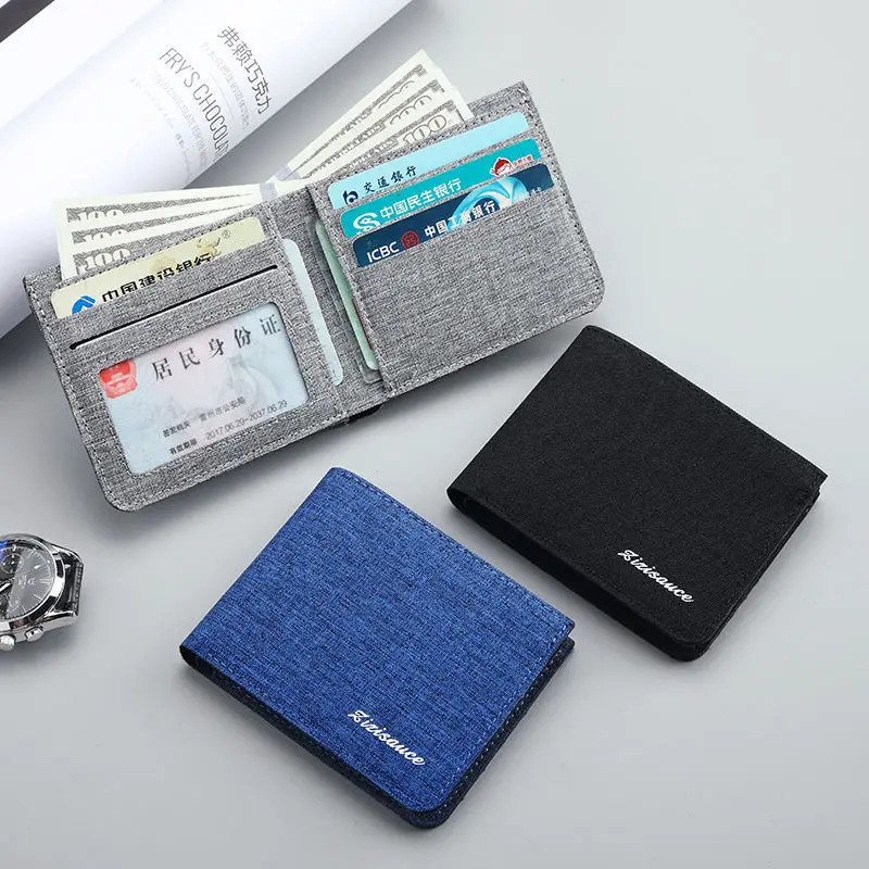 Canvas Herren Geldbörse Schwarz Blau Grau Kartenhalter Brieftasche Männliche Geldbörse Ausweis Foto Bankkarten-Etui Kurze Geldbörse Kreditkartenetui Tasche
