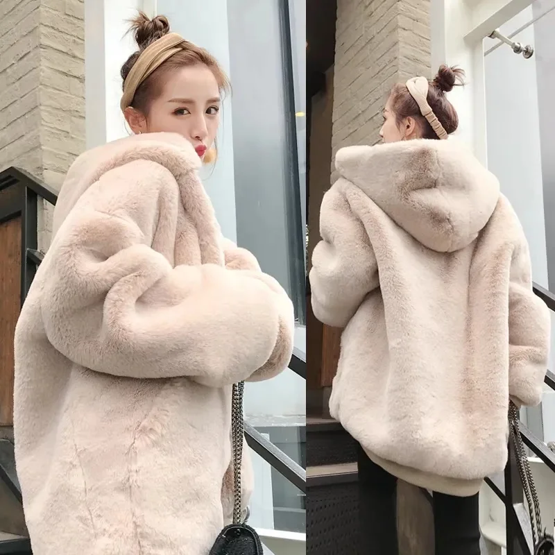 Women's 2023 Autumn/Winter New Korean Version Loose Cocoon Type Thickened Rabbit Hair Clothes Hooded Coat Solid Commuter Zipper