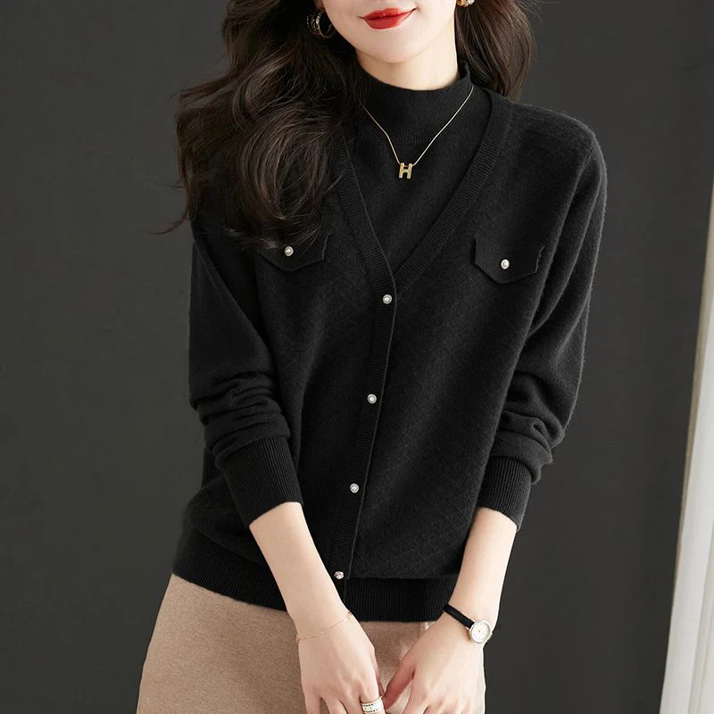 Autumn Winter New Half High Collar Fake Two Pieces Bottoming Sweater Ladies Loose Casual Solid Color Knitting Top Female Jumpers