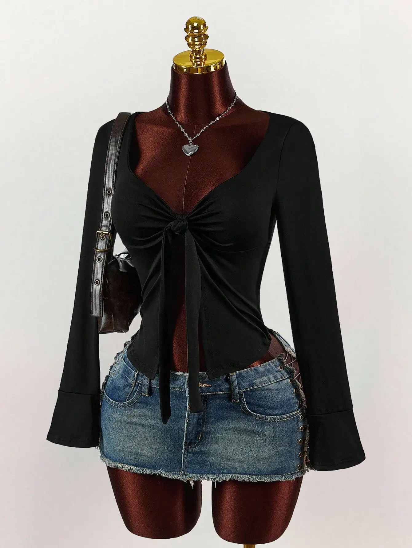 

Women's Black Long Sleeve Twist Front Top with Bell Sleeves, Casual Sexy Fit