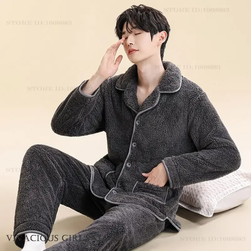 

Coral Fleece Male Pajamas Set Loungwear Autumn Winter New Sleepwear Long Sleeve Trouser Pyjamas Loose Casual Homewear Pijamas