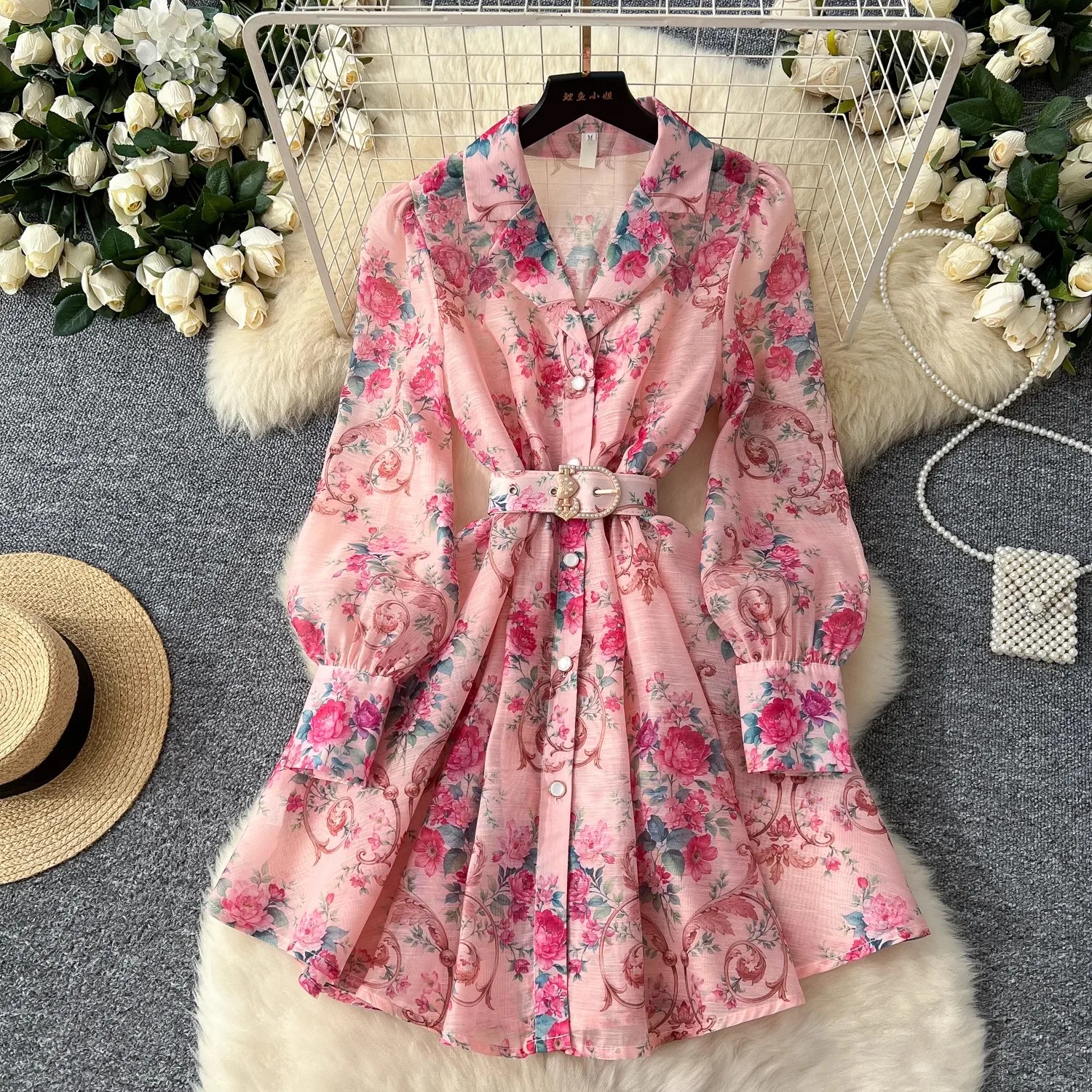 2024 Spring Fashion Holiday Flower Print Short Dress Women Long Lantern Sleeve Notched Pearl Buttons Belted Mini Party Vestidos