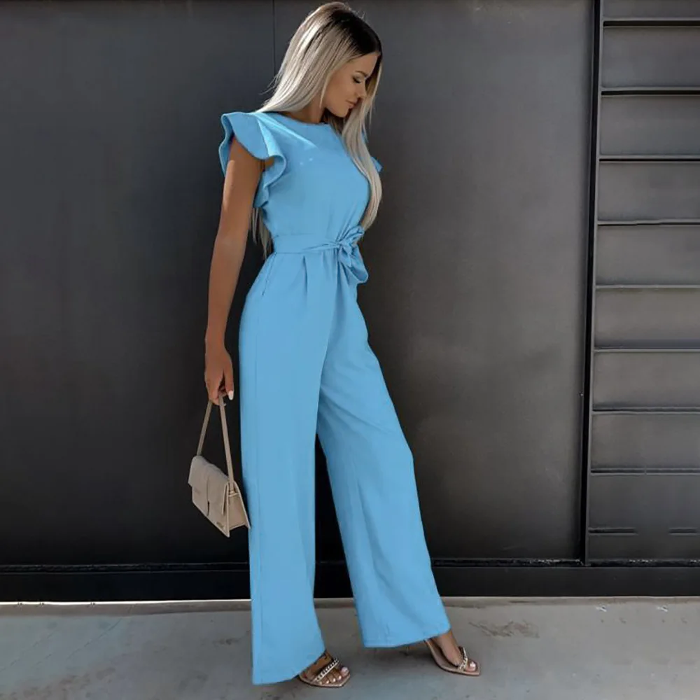 

new Women Ruffles Shoulder Cutout Waist High Slit Straight Wide Leg Jumpsuit 2023 Vintage Street INS Playsuit One Piece Set