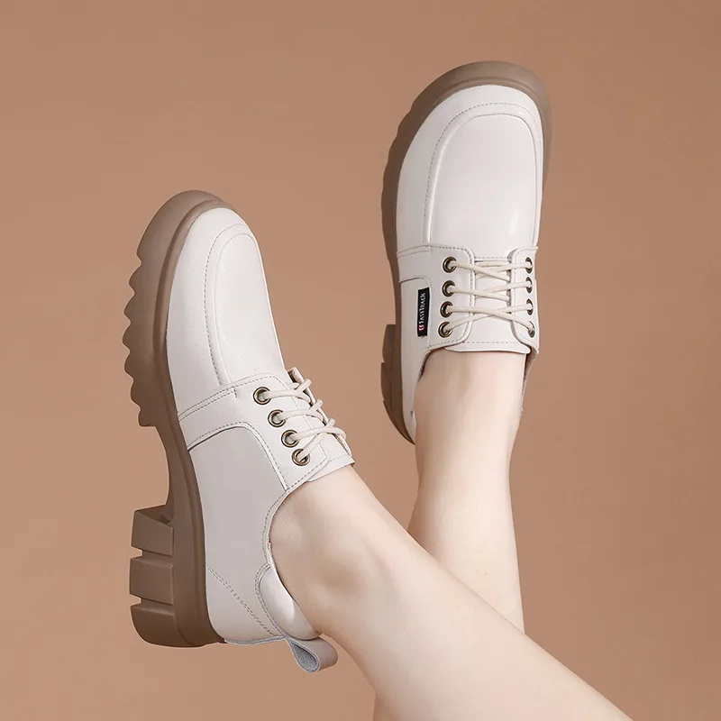 DRKANOL Fashion Women Shoes Lace-Up Round Toe Med Thick Heel Casual Shoes Ladies Real Cowhide Autumn Winter Warm Shoes H5089