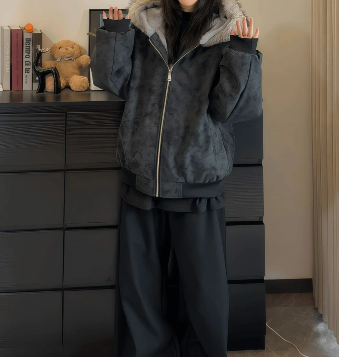 Winter Lychee Pattern Large Fur Collar Piled and Thickened Casual Fashion Versatile Cotton Clothes