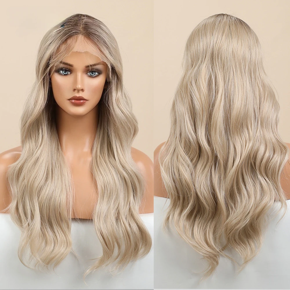 Lace Front White Blonde Synthetic Long Natural Wavy for White Black Women Daily Party Wigs