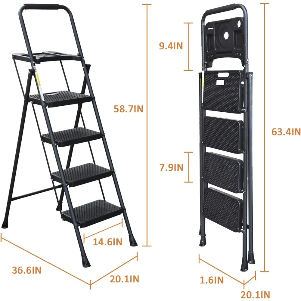 HBTower-taburete plegable de 4 escalones con plataforma de herramientas, Pedal ancho antideslizante, escalera de acero resistente, agarre de mano conveniente