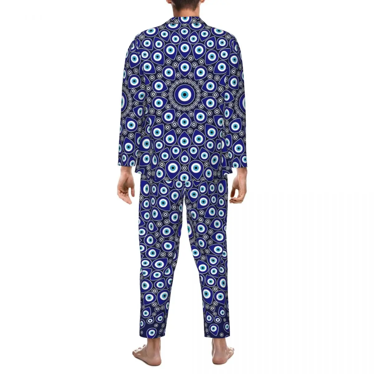 Evil Eye Print Pijamas Mens Nazar Eye Circular Confortável Noite Pijamas Outono Duas Peças Vintage Oversized Impresso Pijama Conjunto