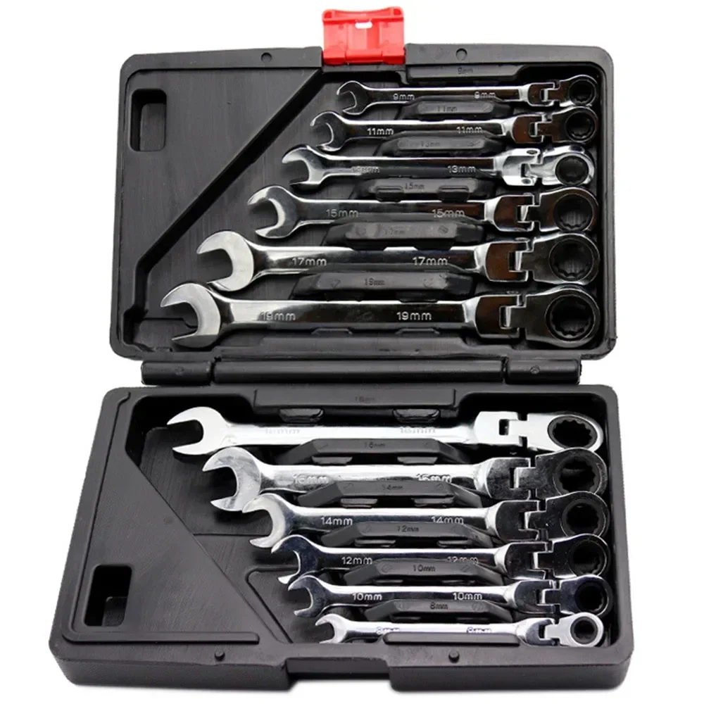 12pcs Flex-Head Ratcheting Combination 1/4''-13/16'' Premium 72-Teeth Gear Chrome Organizer Motorcycle Repair Wrench Set Tool