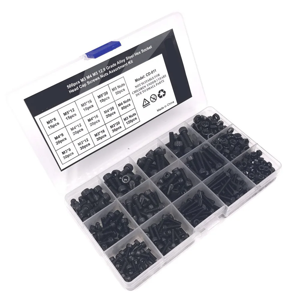 Obrázek 4: 500PCS černá šestiúhelník ořechy 12.9 grade uhlík ocel pohár hlava šestiúhelník nástrčkový šrouby ořechy šrouby sada stroj nitka šrouby M3 M4 M5