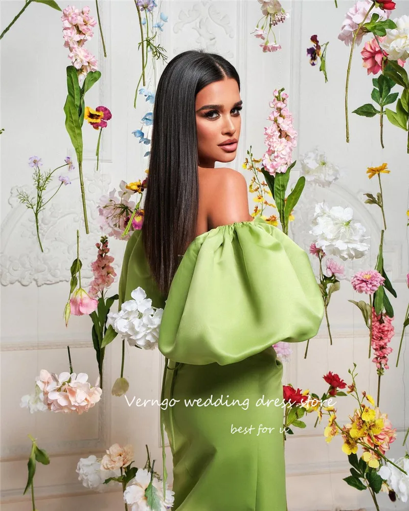 Verngo 2023 Light Green Satin Formal Party Dresses Sweetheart Puff Short Sleeves Tea Length Occasion Night Evening Gowns