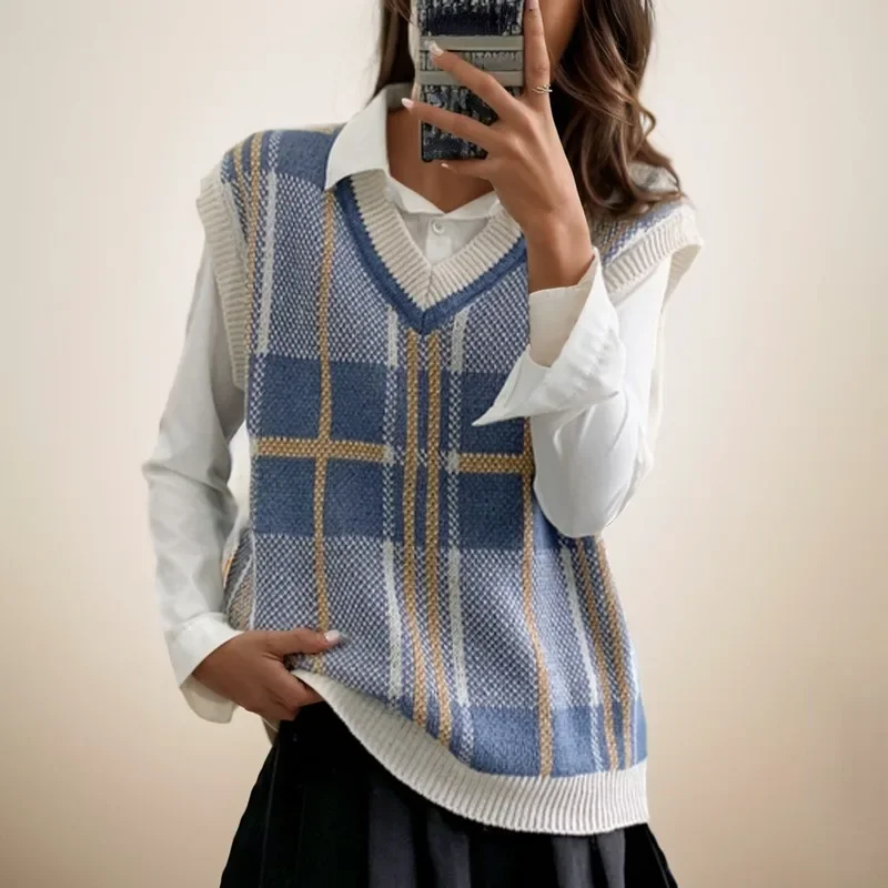 Autumn Winter Korean Loose Sweater Vest Vintage Office-lady V-neck Jumpers Female Pullover Women Knitted Tops Pull Femme