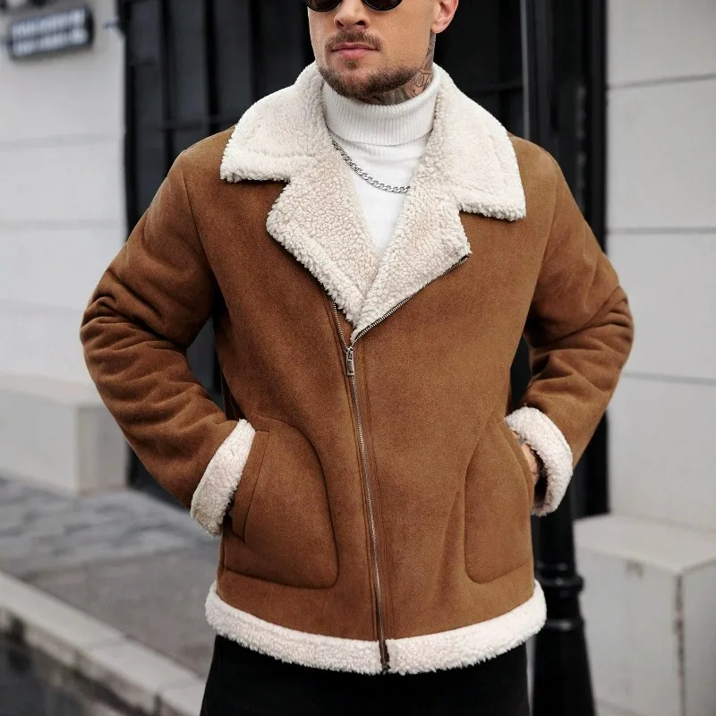 KIDWHXR Autumn Winter Fleece Jacket Men Retro Contrast Color Turn Down Collar Man Coat Loose Long Sleeve Male Casual Outerwear