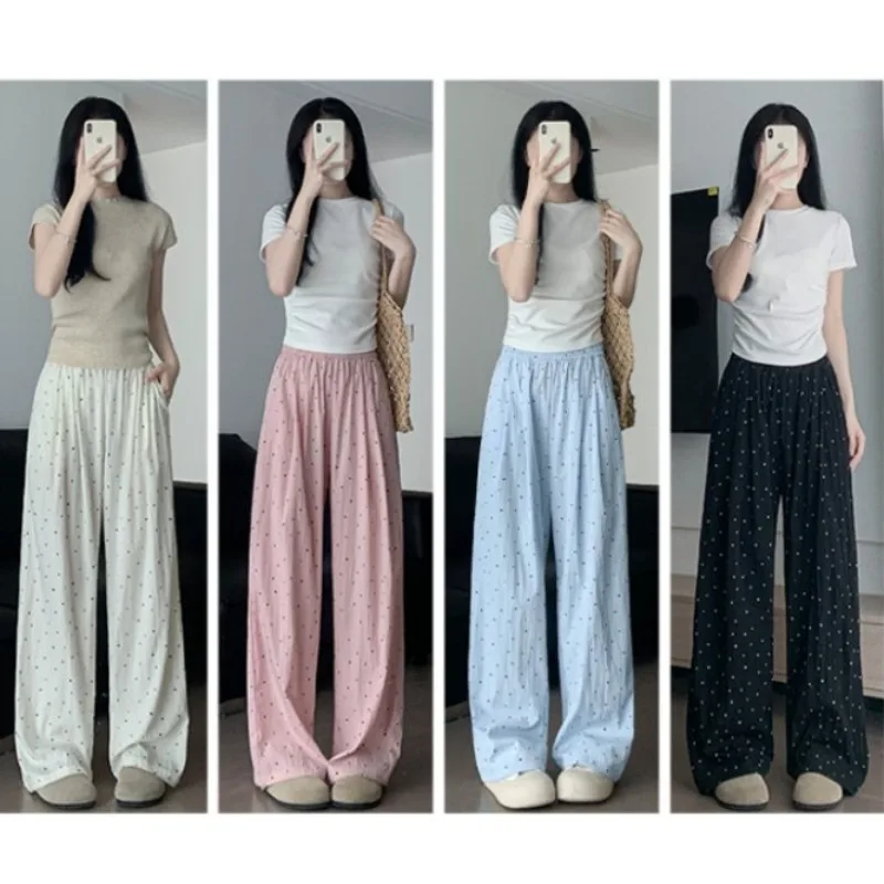 

Sleeping Pants Women Trousers Polka Dots Solid Color Fashionable Straight-Leg Trousers Breathable Lounge Pants Pajama Pants