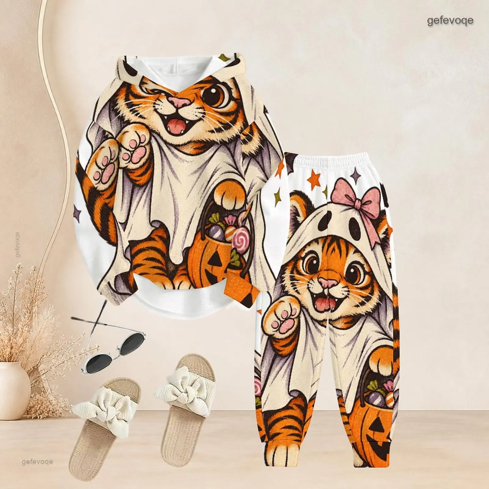 Cartoon Ghost Tiger Print Hooded Long Sleeve Top And Cuffed Pants Two Piece Set